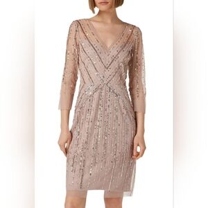 Adrianna Papell V-Neck 3/4 Sleeves Sequined Lace Trim Zipper Back Mesh Dress